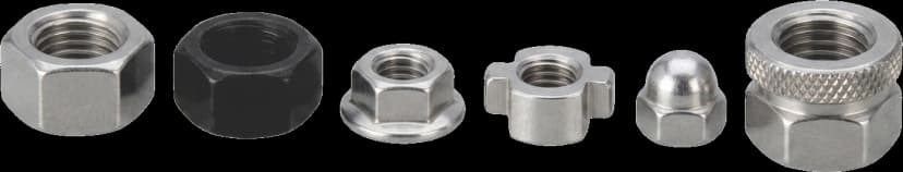 Row of heavy hex, stainless steel, and alloy nuts