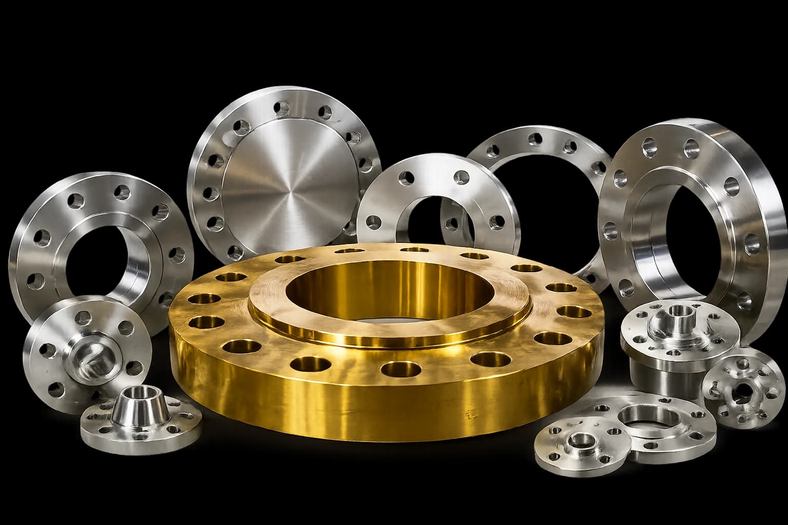 Assortment of carbon steel and stainless steel pipe flanges — weld neck, slip-on, blind, and lap joint