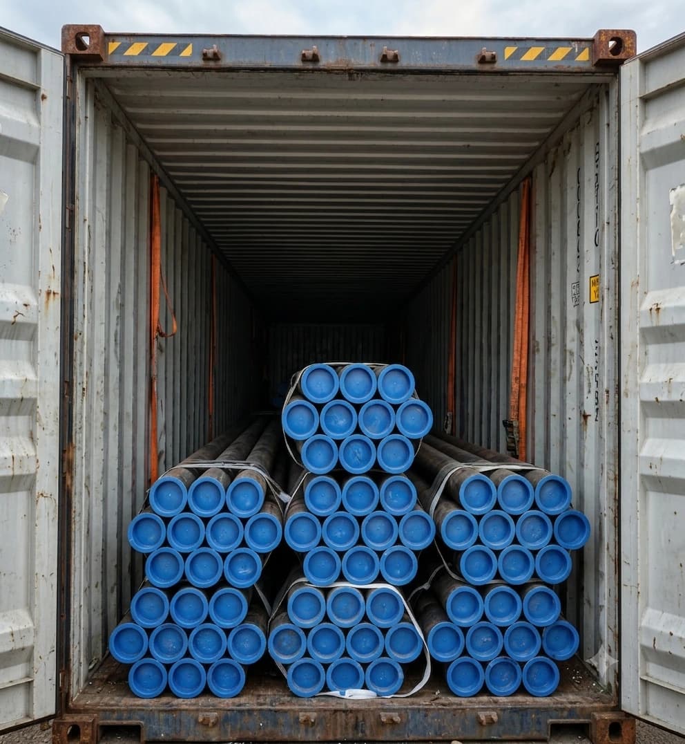 Steel pipes in shipping container