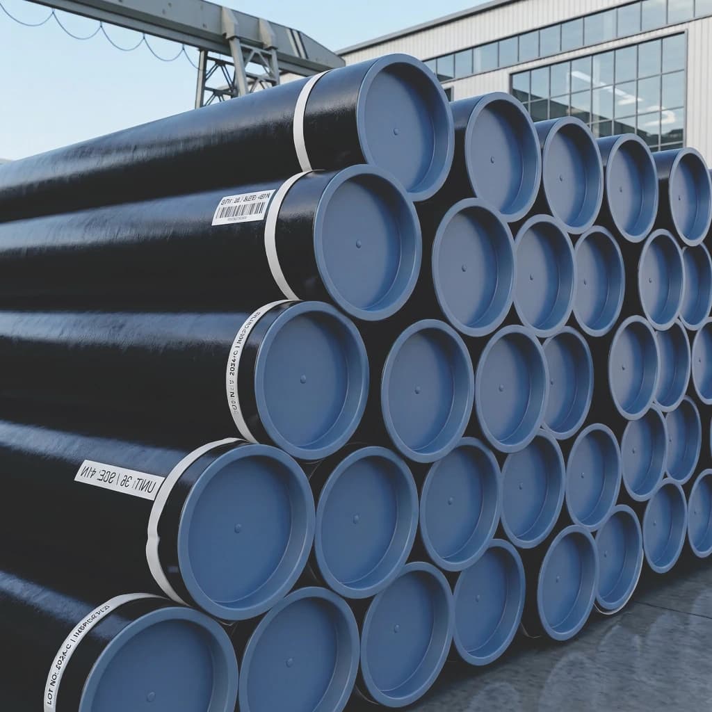 Bundle of coated seamless carbon steel pipes in stock