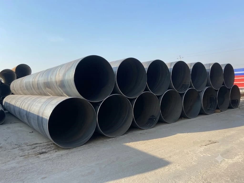 Large-diameter welded steel pipes stacked in the yard